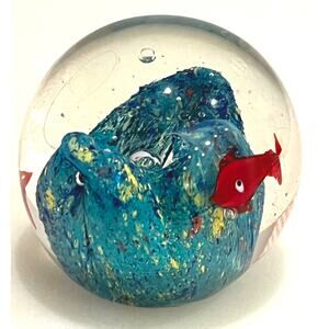 Art Glass Paperweight Hand Blown Ocean Coral Reef Red Coi Fish Waves 2.75" Blue